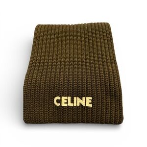 Celine Paris Logo Knit Scarf | Olive Green | Chunky Ribbed Knit